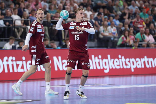 22.08.2026, xgox, Handball - Rexel Super-Cup, SC Magdeburg - Füchse Berlin emspor, v.l. Tobias Grondahl (Berlin, 15) am Ball, plays the ball München