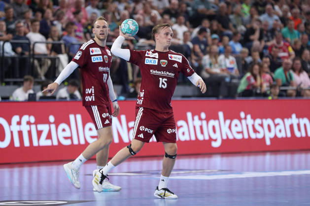 22.08.2026, xgox, Handball - Rexel Super-Cup, SC Magdeburg - Füchse Berlin emspor, v.l. Tobias Grondahl (Berlin, 15) am Ball, plays the ball München