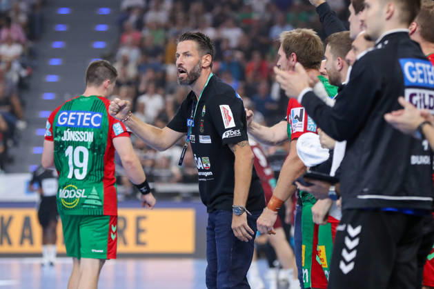 22.08.2026, xgox, Handball - Rexel Super-Cup, SC Magdeburg - Füchse Berlin emspor, v.l. Bennet Wiegert (Magdeburg, Trainer) Jubel, Torjubel, jubelt ueber das Tor, celebrate the goal, celebration München
