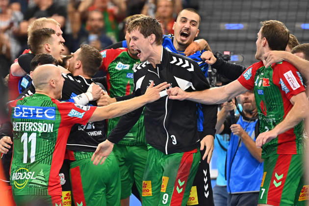 Schlussjunel Magdebburg,Spieler, Teamfoto,Team,Mannschaft,Mannschaftsfoto, Jubel,Freude,Begeisterung, Handball Rexel Super Cup 2026 der Maenner SC Magdeburg vs. Fuechse Berlin 38-30 am 22.08.2026 SAP GARDEN Muenchen.