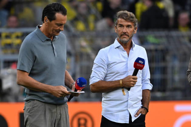 22.08.2026, xsltx, Fussball Franz Beckenbauer Supercup 2026, Borussia Dortmund - FC Bayern München v.l. Karl-Heinz Kalle Riedle und Sebastian Hellmann (SKY) (DFL DFB REGULATIONS PROHIBIT ANY USE OF PHOTOGRAPHS as IMAGE SEQUENCES and or QUASI-VIDEO) Dortmund