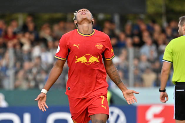 22.08.2026, xjhx, Fussball DFB Pokal 1.Runde, Eintracht Trier - RB Leipzig v.l. Torjubel nach dem Tor zum celebrating the goal celebrate 0:5 durch Antonio Nusa (RB Leipzig) Trier