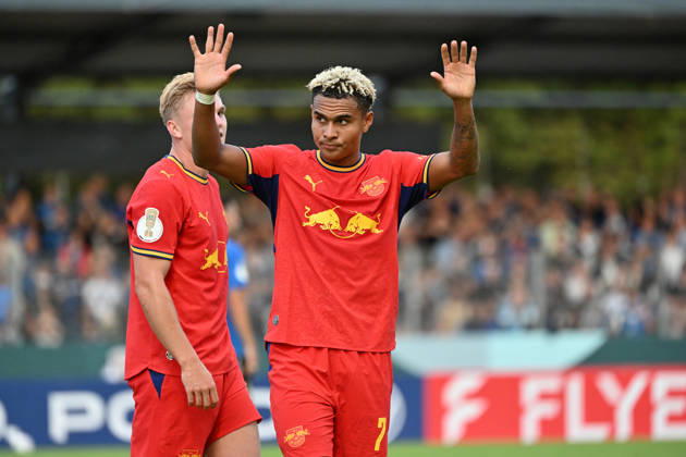 22.08.2026, xjhx, Fussball DFB Pokal 1.Runde, Eintracht Trier - RB Leipzig v.l. Torjubel nach dem Tor zum celebrating the goal celebrate 0:5 durch Antonio Nusa (RB Leipzig) Trier