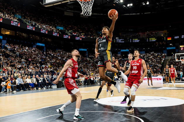HAMBURG, GERMANY - AUGUST 22: Maodo Lo (Germany, 4) shooting the ball during the Turkish Airlines Basketball Supercup final match between Germany vs. Croatia at Barclays Arena on August 22, 2026 in Hamburg, Germany. Hamburg Germany Copyright: xSteffiexWunderlx
