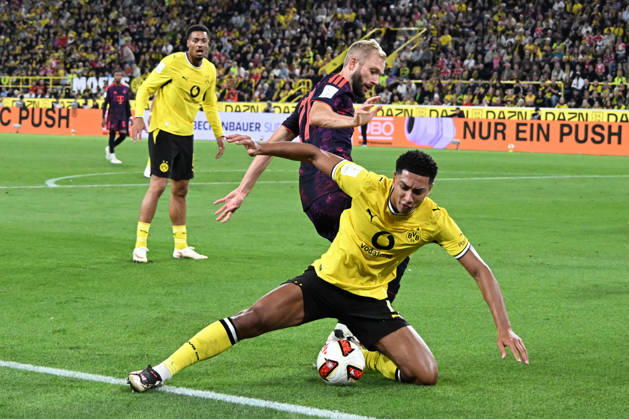 22.08.2026, xsltx, Fussball Franz Beckenbauer Supercup 2026, Borussia Dortmund - FC Bayern München v.l. Konrad Laimer (FC Bayern Muenchen) Jobe Bellingham (Borussia Dortmund) Zweikampf, Aktion, action, battle for the ball (DFL DFB REGULATIONS PROHIBIT ANY USE OF PHOTOGRAPHS as IMAGE SEQUENCES and or QUASI-VIDEO) Dortmund