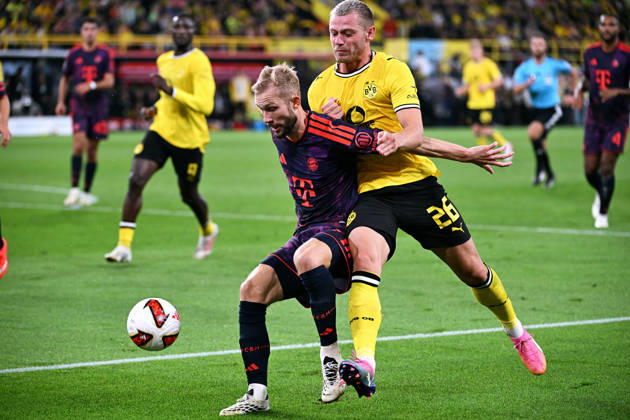 Dortmund, Germany, 1. Bundesliga, Supercup, Signal Iduna Park Dortmund, Bor. Dortmund vs FC Bayern München; Konrad Laimer (FCB), Julian Ryerson (BVB). Action