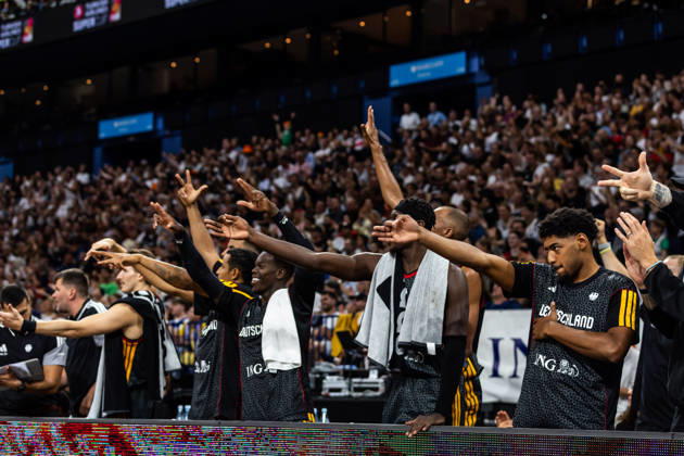 22.08.2026, GER, Turkish Airlines Supercup 2026, Hamburg, Finale, Deutschland-Kroatien Die Bank vom Team Deutschland jubelt Hamburg Barclays Arena Hamburg Deutschland