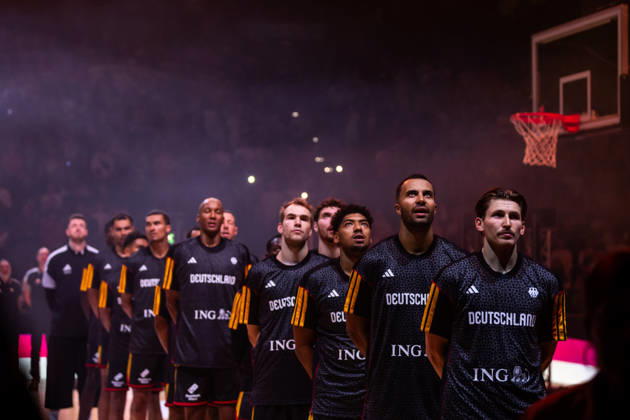 22.08.2026, GER, Turkish Airlines Supercup 2026, Hamburg, Finale, Deutschland-Kroatien Team Deutschland bei der Nationalhymne Hamburg Barclays Arena Hamburg Deutschland