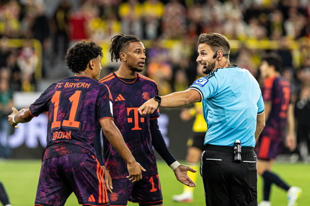 Franz-Beckenbauer-Supercup 2026: Borussia Dortmund - FC Bayern München; 22.08.2026 Daniel Schlager (Schiedsrichter, Bietigheim), Michael Olise (FC Bayern München, 17), Nathaniel Brown (FC Bayern München, 11) Franz-Beckenbauer-Supercup 2026: Borussia Dortmund - FC Bayern München; Signal Iduna Park, Dortmund; 22.08.2026 Copyright: xBEAUTIFULxSPORTS Buriakovx