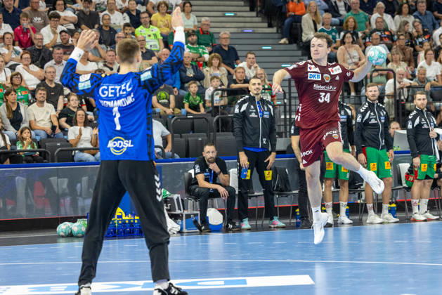 Shot on goal by Hakun West Av Teigum (Füchse Berlin, 34), SC Magdeburg vs. Füchse Berlin, Handball, HBL, REXEL SUPER CUP, 2026, 22.08.2026 Munich SAP Garden Germany Copyright: xPFA BjörnxKeckerx
