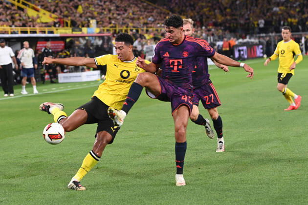 Jobe BELLINGHAM (DO) gegen Aleksandar PAVLOVIC (M) Aktion, Zweikampf, Fussball DFL Franz Beckenbauer Supercup 2026 Borussia Dortmund - FC Bayern Muenchen am 22.08.2026 in Dortmund Deutschland. DFL regulations prohibit any use of photographs as image sequences and or quasi-video Â