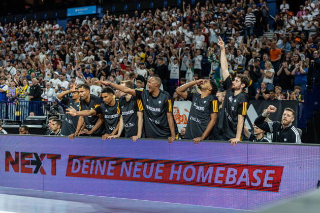 Basketball Hamburg 22.08.2026 Turkish Airlines Supercup 2026 Finale Deutschland (GER) - Kroatien (CRO) Jubel Deutschland Oscar da Silva (Deutschland, No.01) Maodo Lo (Deutschland, No.04) Malte Delow (Deutschland, No.20) Louis Olinde (Deutschland, No.16) Kostja Mushidi (Deutschland, No.29) Kay Patrick Bruhnke (Deutschland, No.19) Isaiah Hartenstein vlnr.