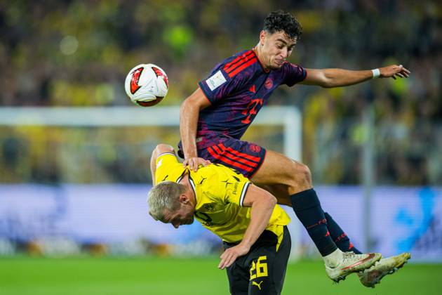 22.08.2026 - Fußball, 2026 2027, Franz-Beckenbauer-Supercup, Borussia Dortmund - FC Bayern München: (L-R) Julian Ryerson (Dortmund), Aleksandar Pavlovic (München) DFB REGULATIONS PROHIBIT ANY USE OF PHOTOGRAPHS AS IMAGE SEQUENCES AND OR QUASI-VIDEO.
