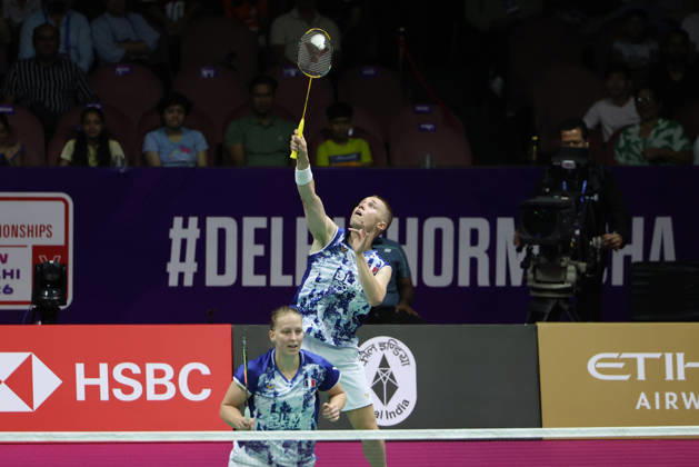 Thom Gicquel of France and Delphine Delrue of France in action during a final match of mix double during the BWF World Championships 2026 at Indira Gandhi Indoor Stadium, in New Delhi on August 23, 2026. New Delhi India Copyright: xAnshumanxAkashx