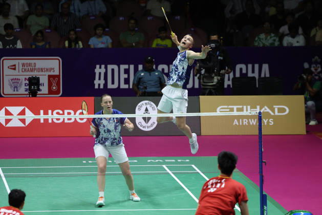 Thom Gicquel of France and Delphine Delrue of France in action during a final match of mix double during the BWF World Championships 2026 at Indira Gandhi Indoor Stadium, in New Delhi on August 23, 2026. New Delhi India Copyright: xAnshumanxAkashx