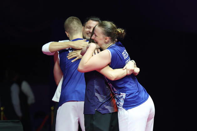 Thom Gicquel of France and Delphine Delrue of France in action during a final match of mix double during the BWF World Championships 2026 at Indira Gandhi Indoor Stadium, in New Delhi on August 23, 2026. New Delhi India Copyright: xAnshumanxAkashx