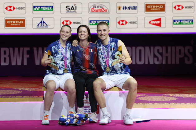 Thom Gicquel of France and Delphine Delrue of France during medal ceremony of a final match of mix double during the BWF World Championships 2026 at Indira Gandhi Indoor Stadium, in New Delhi on August 23, 2026. New Delhi India Copyright: xAnshumanxAkashx