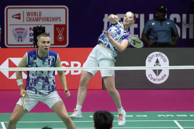 Thom Gicquel and Delphine Delrue Badminton World Champions - New Delhi Thom Gicquel of France and Delphine Delrue of France compete in the final match of mixed doubles during the BWF World Championships 2026 at Indira Gandhi Indoor Stadium in New Delhi, India on August 23, 2026. Photo by Anshuman Akash ABACAPRESS.COM New Delhi India  Copyright: xAkashxAnshuman ABACAx