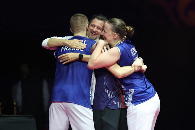 Thom Gicquel and Delphine Delrue Badminton World Champions - New Delhi Thom Gicquel of France and Delphine Delrue of France compete in the final match of mixed doubles during the BWF World Championships 2026 at Indira Gandhi Indoor Stadium in New Delhi, India on August 23, 2026. Photo by Anshuman Akash ABACAPRESS.COM New Delhi India  Copyright: xAkashxAnshuman ABACAx
