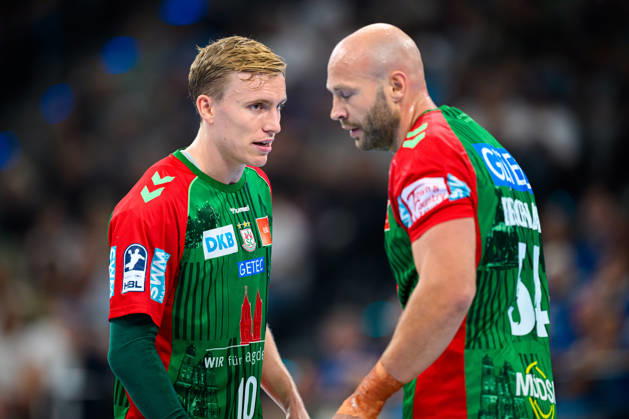 Muenchen: HBL Super Cup 2026 - SC Magdeburg - Fuechse Berlin v.li. Gisli Thorgeir Kristjansson (SC Magdeburg), Oscar Bergendahl (SC Magdeburg) Muenchen SAP Garden Bayern Deutschland