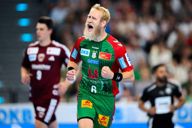 Muenchen: HBL Super Cup 2026 - SC Magdeburg - Fuechse Berlin Matthias Musche (SC Magdeburg) Jubel Freude Emotion Torjubel Torschuetze Torschütze Muenchen SAP Garden Bayern Deutschland