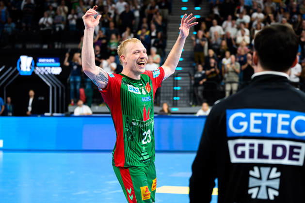 Muenchen: HBL Super Cup 2026 - SC Magdeburg - Fuechse Berlin Magnus Saugstrup Jensen(SC Magdeburg) Schlussjubel Schlußjubel Emotion Freude Muenchen SAP Garden Bayern Deutschland