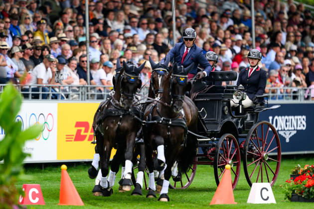 260823 Fredrik Persson of Sweden with horses Fasco, Kaptain, Judson and Kermit compete in the Four-in-Hand cones during day 13 of the 2026 FEI World Championships on August 23, 2026 in Aachen. Photo: Emma Wallskog BILDBYRAN kod EW EW0700 fyrspann drivning körning koner precision Copyright: EMMAxWALLSKOG BB260823EW011
