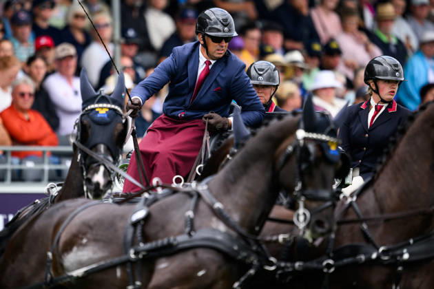 260823 Fredrik Persson of Sweden with horses Fasco, Kaptain, Judson and Kermit compete in the Four-in-Hand cones during day 13 of the 2026 FEI World Championships on August 23, 2026 in Aachen. Photo: Emma Wallskog BILDBYRAN kod EW EW0700 fyrspann drivning körning koner precision Copyright: EMMAxWALLSKOG BB260823EW013