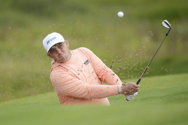 BALMEDIE, SCOTLAND - AUG 23: Marcus Armitage (ENG) plays from a green side bunker on the 3rd hole during Round 4 at the 2026 Nexo Championship at the Trump International Golf Links, Balmedie on August 23, 2026 in Aberdeenshire, Scotland The 2026 Nexo Championship
