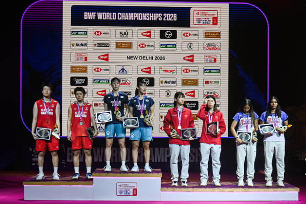 India BWF Championships 2026 Finalists of the Women s Doubles category stand on the podium with their medals at the BWF World Championships 2026 in New Delhi, India, on August 23, 2026. New Delhi Delhi India  Copyright: xKabirxJhangianix originalFilename:jhangiani-indiabwf260823_np04q