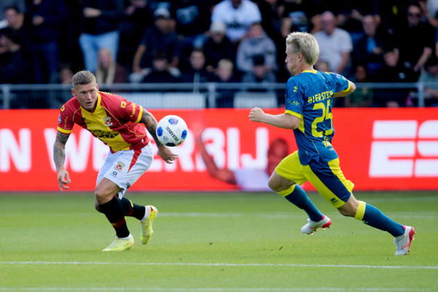 2026-08-23 Go Ahead Eagles v ADO Den Haag - VriendenLoterij Eredivisie DEVENTER, NETHERLANDS - AUGUST 23: (L-R) Victor Edvardsen of Go Ahead Eagles, Juho Kilo of ADO Den Haag during the VriendenLoterij Eredivisie match between Go Ahead Eagles and ADO Den Haag at De Adelaarshorst on August 23, 2026 in Deventer, Netherlands. Deventer De Adelaarshorst Netherlands Content not available for redistribution in The Netherlands directly or indirectly through any third parties. Copyright: xDennisxBresserx