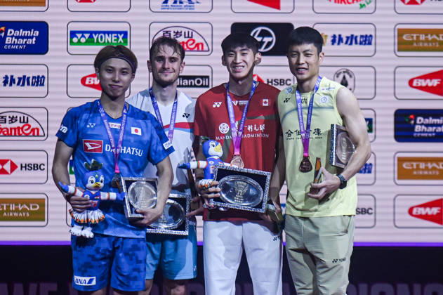 India BWF Championships 2026 Finalists of the Men s Singles category pose with their medals at the BWF World Championships 2026 in New Delhi, India, on August 23, 2026. New Delhi Delhi India  Copyright: xKabirxJhangianix originalFilename:jhangiani-indiabwf260823_npwaj