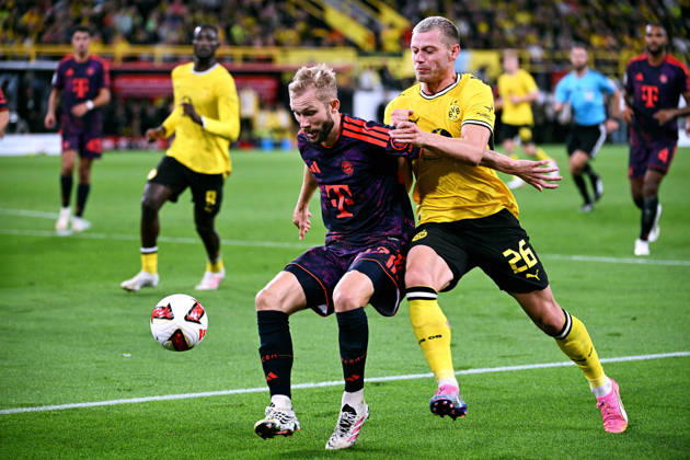 Dortmund, Germany, 1. Bundesliga, Supercup, Signal Iduna Park Dortmund, Bor. Dortmund vs FC Bayern München 1:2; Konrad Laimer (FCB), Julian Ryerson (BVB). Action