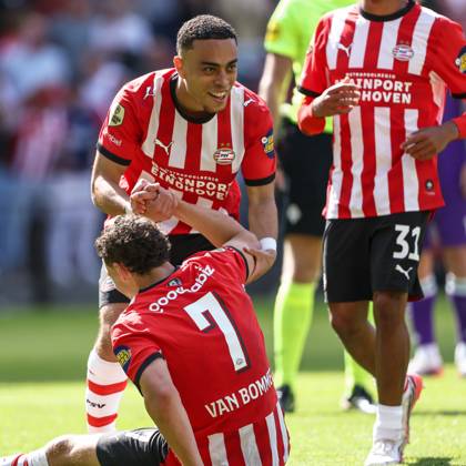 EINDHOVEN , 23-08-2026 , Philips Stadium , season 2026 2027 , Dutch Eredivisie football , match between PSV and Groningen , picture shows goal celebration by PSV player Sergio Dest PSV - Groningen  x205975625x Copyright: