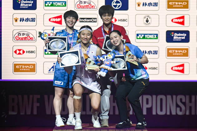 India BWF Championships 2026 Finalists of the Women s Singles category pose with their medals at the BWF World Championships 2026 in New Delhi, India, on August 23, 2026. New Delhi Delhi India  Copyright: xKabirxJhangianix originalFilename:jhangiani-indiabwf260823_npdqW