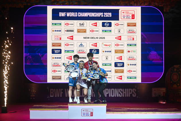 India BWF Championships 2026 Finalists of the Women s Singles category pose with their medals at the BWF World Championships 2026 in New Delhi, India, on August 23, 2026. New Delhi Delhi India  Copyright: xKabirxJhangianix originalFilename:jhangiani-indiabwf260823_nptSd