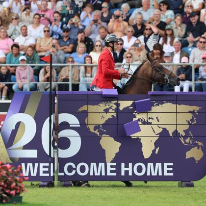 Richard Vogel (GER, Deutschland) mit Pferd Unites Touch S, aktueller Europameister und Sieger des Rolex Grand Prix von Aachen 2026 (CHIO Aachen)scheitert an der WM-Mauer, Reiterfehler, Hindernisfehler, Springen, FEI Jumping World Championship, WM, Weltmeisterschaft , FEI Jumping World Championship, Competition Individual Final, Longines-Prize, Longines-Preis, Finale Einzelwertung, Jumping , AACHEN - FEI World Championships 2026, Weltfest des Pferdesports, Reitsport Weltmeisterschaft 2026, Aachen 2026, Welcome Home 2026, Aachener Soers, 11. bis 23. August 2026, Reitsport, 23.08.2026, Aachen Aachener Soers Deutschland