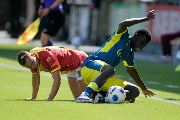2026-08-23 Go Ahead Eagles v ADO Den Haag - VriendenLoterij Eredivisie DEVENTER, NETHERLANDS - AUGUST 23: (L-R) Mathis Suray of Go Ahead Eagles, Othniel Raterink van ADO Den Haag during the VriendenLoterij Eredivisie match between Go Ahead Eagles and ADO Den Haag at De Adelaarshorst on August 23, 2026 in Deventer, Netherlands. Deventer De Adelaarshorst Netherlands Content not available for redistribution in The Netherlands directly or indirectly through any third parties. Copyright: xDennisxBresserx