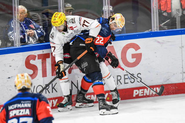 Nuernberg Ice Tigers vs. Loewen Frankfurt, Eishockey, Deutsche Eishockey Liga, Penny DEL, Vorbereitungsspiel, Gaeuboden Cup, Saison 2026 2027 am 23.08.2026 Timo Bakos (Nuernberg Ice Tigers), in Duell mit Daniel Pfaffengut (Loewen Frankfurt), Eishockey Herren, Deutsche Eishockey Liga, Penny DEL, Vorbereitungsspiel, Gaeuboden Cup, Saison 2026 2027 am 23.08.2026 im Eisstadion am Pulverturm, Nuernberg Ice Tigers (blau) gegen Loewen Frankfurt (weiss)