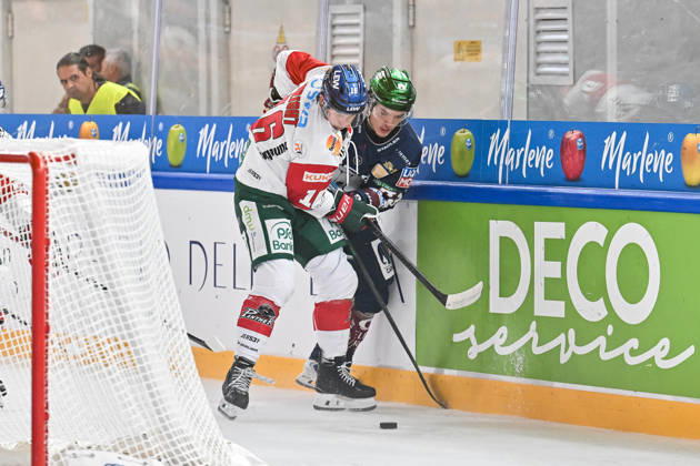 Dolomitencup 2026; Eisbären Berlin - Augsburger Panther; 23.08.2026 NEUMARKT, ITALY - 23. AUGUST: im Duell Cameron WRIGHT (Augsburger Panther 16) und Moritz KRETZSCHMAR (Eisbären Berlin 83) während dem Testspiel zwischen den Eisbären Berlin und den Augsburger Panthern beim Dolomitencup in der Würth Arena Neumarkt Copyright: xBEAUTIFULxSPORTS Goldbergx