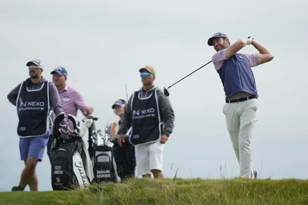 BALMEDIE, SCOTLAND - AUG 23: Scott Jamieson (SCO) plays from the fourteenth tee during Round 4 at the 2026 Nexo Championship at the Trump International Golf Links, Balmedie on August 23, 2026 in Aberdeenshire, Scotland The 2026 Nexo Championship