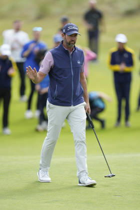 BALMEDIE, SCOTLAND - AUG 23: Scott Jamieson (SCO) after holing a putt on the 14th green during Round 4 at the 2026 Nexo Championship at the Trump International Golf Links, Balmedie on August 23, 2026 in Aberdeenshire, Scotland The 2026 Nexo Championship