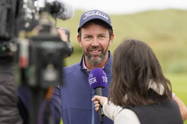 BALMEDIE, SCOTLAND - AUG 23: Scott Jamieson (SCO) is interviewed by DP World Tour after winning The Nexo Championship during Round 4 at the 2026 Nexo Championship at the Trump International Golf Links, Balmedie on August 23, 2026 in Aberdeenshire, Scotland The 2026 Nexo Championship