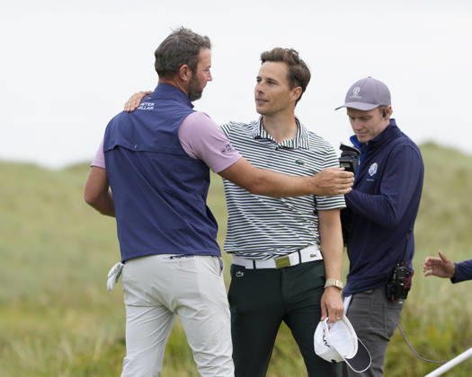BALMEDIE, SCOTLAND - AUG 23: Scott Jamieson (SCO) is congratulated by Matthew Jordan after winning the 2026 Nexo Championship at the Trump International Golf Links, Balmedie on August 23, 2026 in Aberdeenshire, Scotland The 2026 Nexo Championship