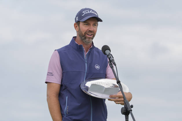 BALMEDIE, SCOTLAND - AUG 23: Scott Jamieson (SCO) speaks to the crowd after winning The Nexo Championship during Round 4 at the 2026 Nexo Championship at the Trump International Golf Links, Balmedie on August 23, 2026 in Aberdeenshire, Scotland The 2026 Nexo Championship