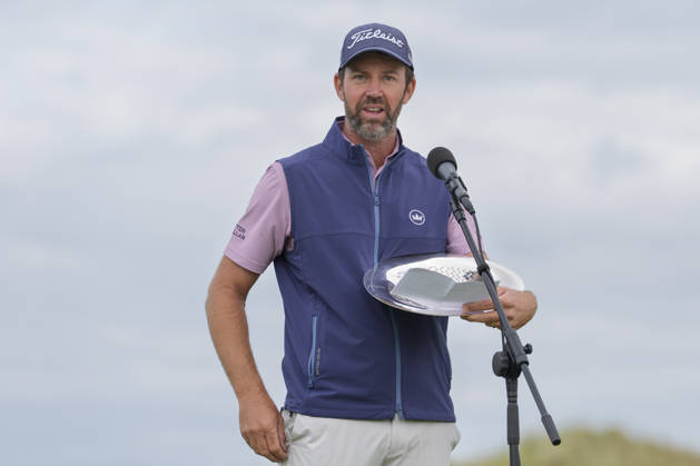BALMEDIE, SCOTLAND - AUG 23: Scott Jamieson (SCO) speaks to the crowd after winning The Nexo Championship during Round 4 at the 2026 Nexo Championship at the Trump International Golf Links, Balmedie on August 23, 2026 in Aberdeenshire, Scotland The 2026 Nexo Championship