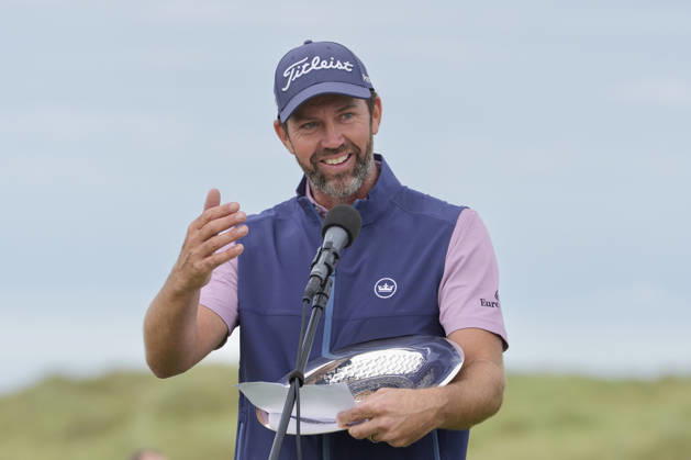 BALMEDIE, SCOTLAND - AUG 23: Scott Jamieson (SCO) speaks to the crowd after winning The Nexo Championship during Round 4 at the 2026 Nexo Championship at the Trump International Golf Links, Balmedie on August 23, 2026 in Aberdeenshire, Scotland The 2026 Nexo Championship