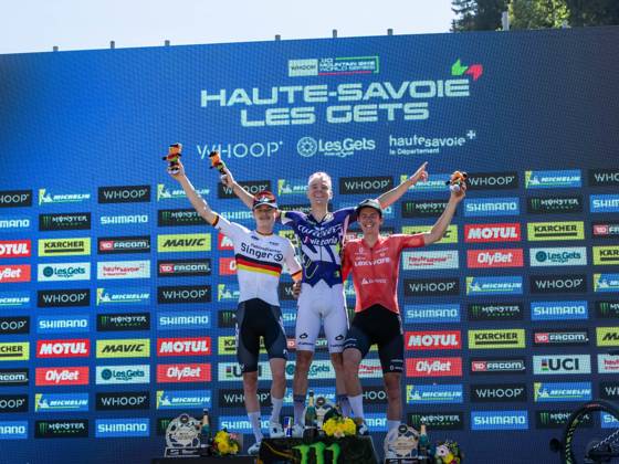 UCI coupe du monde Cross country moins de 23 ans hommes Compagnon Michel MAXPPP - Les Gets 23 08 2026 UCI coupe du monde Cross country moins de 23 ans hommes 1er Pedersen Hebi Gustav 2eme Kruger Benjamin Germany 3eme Schehl Paul Germany The 2026 UCI Mountain Bike World Series