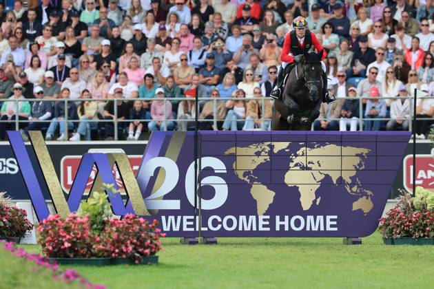 Marcus Ehning (GER, Deutschland) mit Pferd Coolio 42 am WM-Sprung, WM-Mauer, WM-Hindernis , Springen, FEI Jumping World Championship, WM, Weltmeisterschaft , FEI Jumping World Championship, Competition Individual Final, Longines-Prize, Longines-Preis, Finale Einzelwertung, Jumping , AACHEN - FEI World Championships 2026, Weltfest des Pferdesports, Reitsport Weltmeisterschaft 2026, Aachen 2026, Welcome Home 2026, Aachener Soers, 11. bis 23. August 2026, Reitsport, 23.08.2026, Aachen Aachener Soers Deutschland