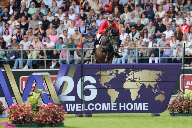 Daniel Deusser (GER, Deutschland) mit Pferd Otello de Guldenboom am WM-Sprung, WM-Mauer, WM-Hindernis, Springen, FEI Jumping World Championship, WM, Weltmeisterschaft , FEI Jumping World Championship, Competition Individual Final, Longines-Prize, Longines-Preis, Finale Einzelwertung, Jumping , AACHEN - FEI World Championships 2026, Weltfest des Pferdesports, Reitsport Weltmeisterschaft 2026, Aachen 2026, Welcome Home 2026, Aachener Soers, 11. bis 23. August 2026, Reitsport, 23.08.2026, Aachen Aachener Soers Deutschland